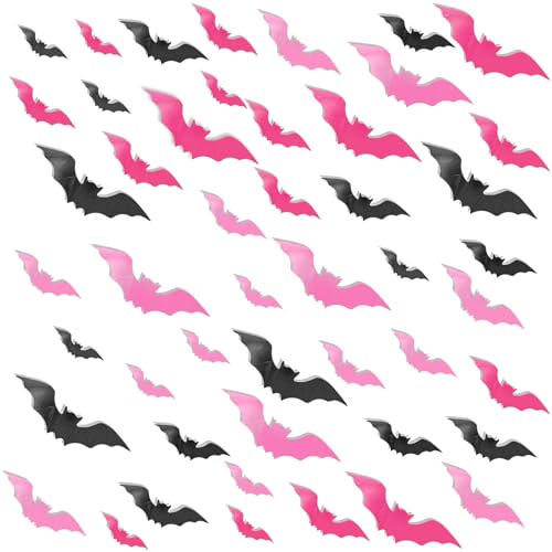 48Pcs Pink Halloween Bats Wall Decor, 3D Bats Halloween Decoration PVC Bats Wall Bat Stickers for Wall, Adhesive Bat Wall Decals Spooky Bats for Home Indoor, Halloween Wall Decor(Black Pink Rose)