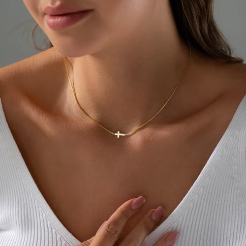 Rotnso Cross Necklace for Women 14K Gold Plated Dainty Small Sideways Cross Pendant Choker Simple Trendy Cute Cross Charm Box Chain Necklace Faith Jewelry Religious Minimalist Gift