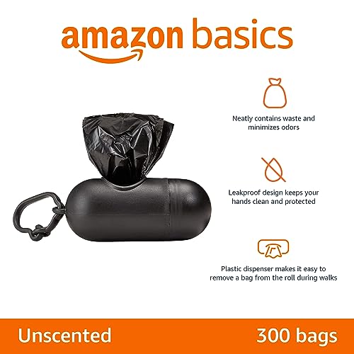 Amazon Basics Dog Poop Leak Proof Bags With Dispenser and Leash Clip, Unscented, 300 Count, 20 Pack of 15, Black, 13 Inch x 9 Inch