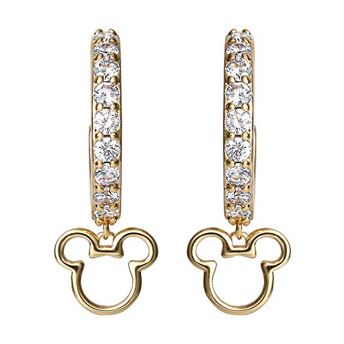 Disney Mickey Mouse Hoop Earrings for Women Official License, Gold Flash-Plated Cubic Zirconia Hoops with Mickey Dangle Charm