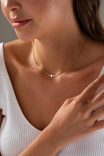 Rotnso Cross Necklace for Women 14K Gold Plated Dainty Small Sideways Cross Pendant Choker Simple Trendy Cute Cross Charm Box Chain Necklace Faith Jewelry Religious Minimalist Gift