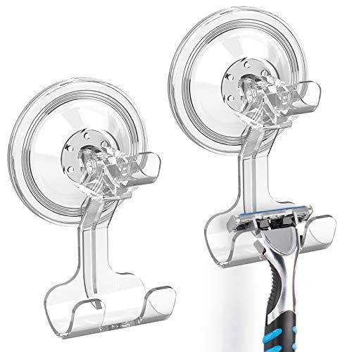 LUXEAR Suction Hooks, 2 Pack Razor Hooks Removable & Reusable Suction Shower Hook Waterproof Powerful Vacuum Suction Hanger for Towel Bathrobe Loofah Bathroom Kitchen Storage Hooks Weather Hanger Hook