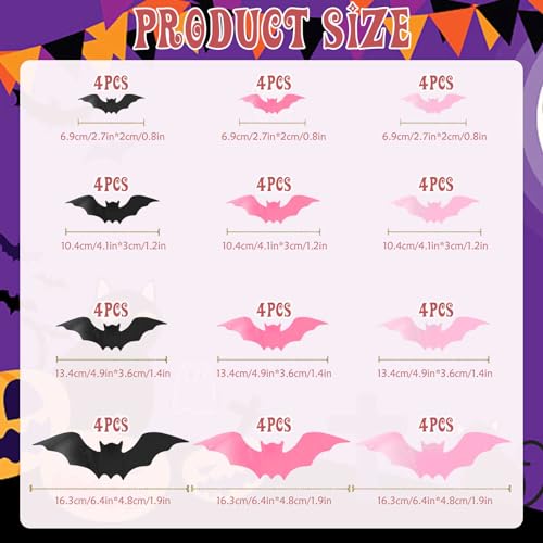 48Pcs Pink Halloween Bats Wall Decor, 3D Bats Halloween Decoration PVC Bats Wall Bat Stickers for Wall, Adhesive Bat Wall Decals Spooky Bats for Home Indoor, Halloween Wall Decor(Black Pink Rose)