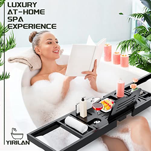 Yirilan Bath Tray, Foldable Bathtub Caddy, Adjustable Premium Bamboo Bathroom Tray for Tub, for Home Spa - Couples Wedding Gifts - Black