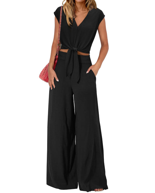 PRETTYGARDEN Women's Summer 2 Piece Outfits 2024 Cap Sleeve V Neck Belted Crop Tops Wide Leg Pant Sets Casual Tracksuit(Solid Black,Medium)