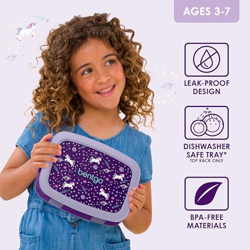 Bentgo® Kids Prints Leak-Proof, 5-Compartment Bento-Style Kids Lunch Box - Ideal Portion Sizes for Ages 3-7, Durable, Drop-Proof, Dishwasher Safe, & Made with BPA-Free Materials (Unicorn)