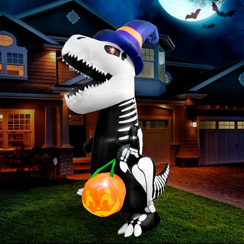 Joiedomi 8 FT Halloween Inflatables Outdoor Decorations, Halloween Blow Ups for Yard, Inflatable Skeleton Dinosaur with Pumpkin for Inflatable Halloween Decor Outdoor, Halloween Decorations Outside