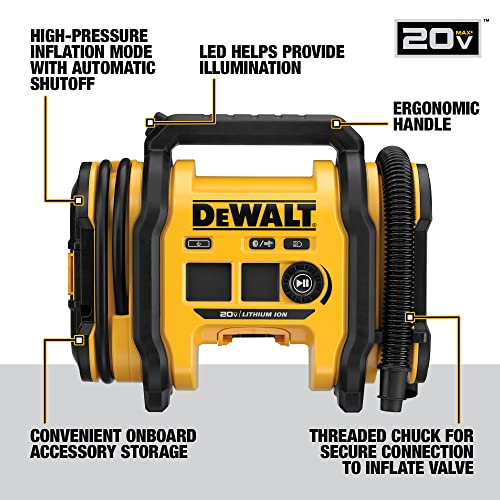 DEWALT 20V MAX Tire Inflator, Compact and Portable, Automatic Shut Off, LED Light, Bare Tool Only (DCC020IB)