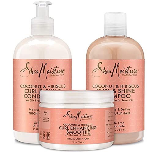 SheaMoisture Coconut & Hibiscus Curl TRIO: Includes Curl & Shine Shampoo, Curl & Shine CONDITIONER, Curl Enhancing Smoothie with a box