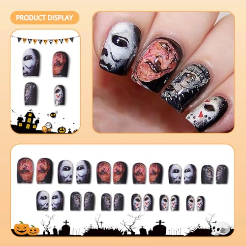 Halloween Press on Nails Horror Eye Blood Glue on Nails Black Glossy Fake Nails Full Cover Halloween Nails Reusable False Nails Glue on Nails Acrylic Nail Kit for Women Manicure 24 Pcs