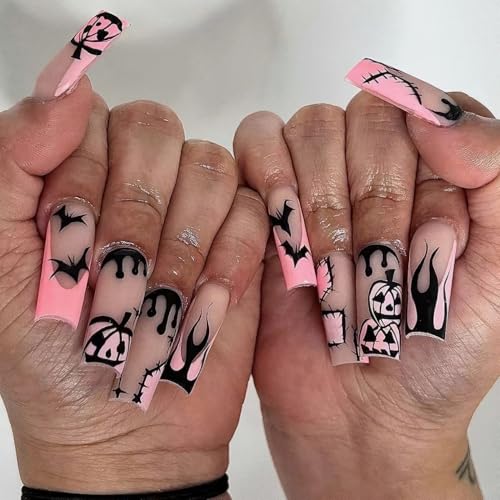 24 Pcs Halloween Bat Press on Nails Medium Length Pink French Tip Fake Nails with Pumpkin Designs Full Cover Matte Acrylic Nails Stick on Nails Halloween False Nails Tips for Women Girls