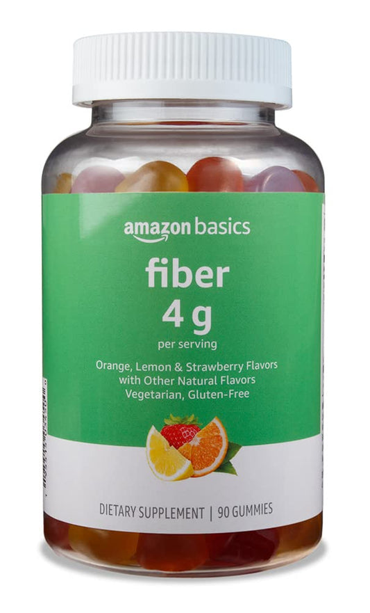 Amazon Basics (previously Solimo) Fiber 4g Gummy - Digestive Health, Supports Regularity, Orange, Lemon & Strawberry, 90 Gummies (2 per Serving)