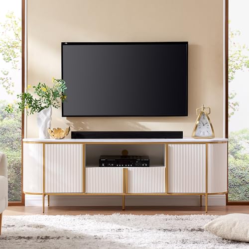 OKD Luxury 70" Fluted TV Stand, Modern Entertainment Center for TVs Up to 80 inches, TV Console with Faux Marble Top, Curved Profile Design, Media Console for Living Room, White