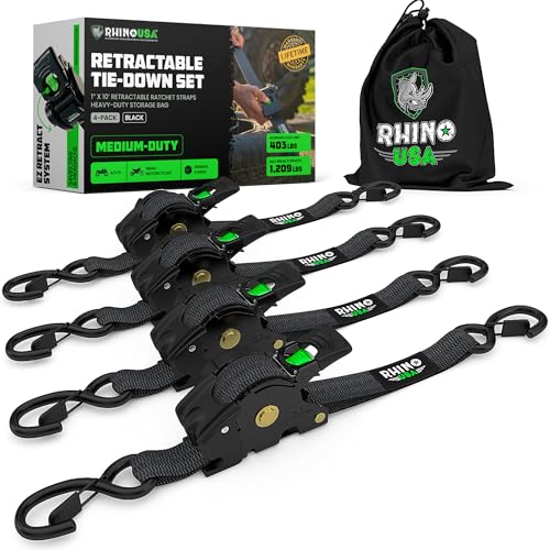 Rhino USA Retractable Ratchet Tie Down Straps (4PK) - 1,209lb Max Break Strength, Includes (4) Ultimate 1" x 10' Autoretract Tie Downs with Padded Handles