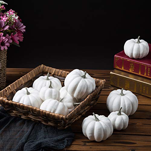 Ogrmar 12 Pack Artificial Assorted Pumpkins, Mini Fake Pumpkins Artificial Vegetables for Halloween,Harvest Thanksgiving Party Decor (White)