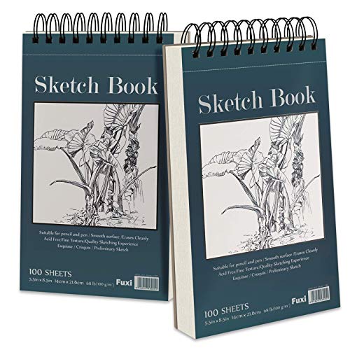 5.5" x 8.5" Sketchbook Set, Top Spiral Bound Sketch Pad, 2 Packs 100-Sheets Each (68lb/100gsm), Acid Free Art Sketch Book Artistic Drawing Painting Writing Paper for Beginners Artists