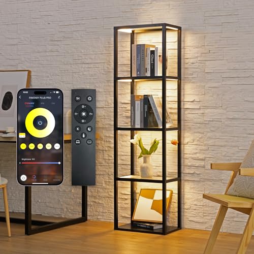 FENLO Fantasy Plus Pro - 66" Glass Display Cabinet with Dimmable LED Floor Lamp, Curio Cabinet with Adjustable Color Temperatures, Open Display Shelf for Bedroom Decor, Long Lasting LED