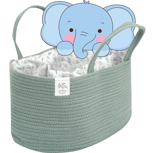 KiddyCare Diaper Caddy Organizer for Baby Nursery Basket with Handle Lid Nursing Caddy with Changing Table Organizer Cart Newborn Caddy Basil Large