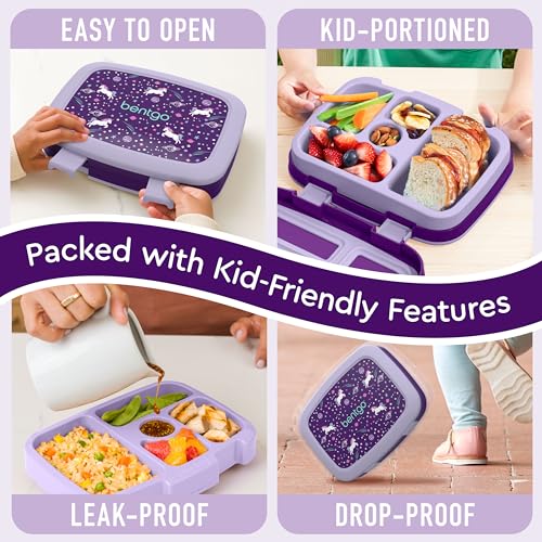 Bentgo® Kids Prints Leak-Proof, 5-Compartment Bento-Style Kids Lunch Box - Ideal Portion Sizes for Ages 3-7, Durable, Drop-Proof, Dishwasher Safe, & Made with BPA-Free Materials (Unicorn)