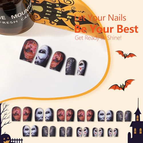 Halloween Press on Nails Horror Eye Blood Glue on Nails Black Glossy Fake Nails Full Cover Halloween Nails Reusable False Nails Glue on Nails Acrylic Nail Kit for Women Manicure 24 Pcs