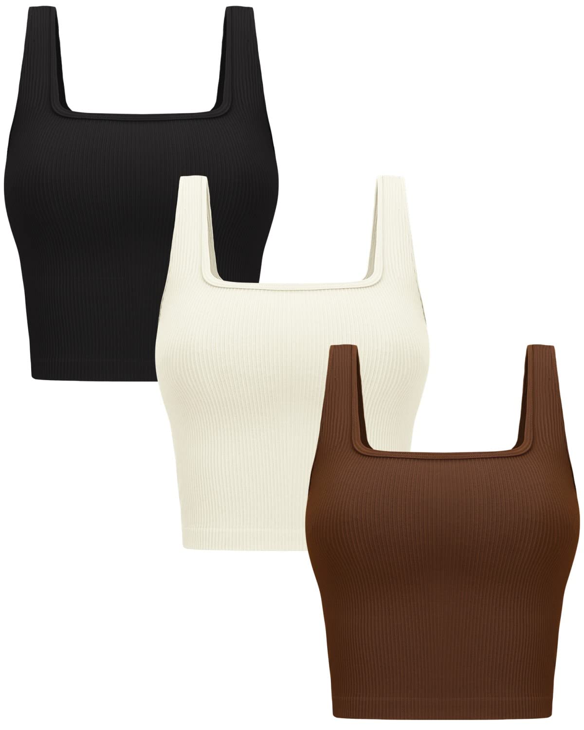 OLCHEE Women's 3 Pack Crop Tank Tops - Seamless Ribbed Sleeveless Square Neck Yoga Gym Shirts, Black Brown Beige Medium