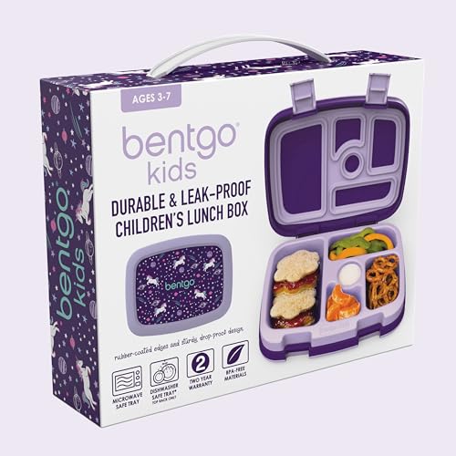 Bentgo® Kids Prints Leak-Proof, 5-Compartment Bento-Style Kids Lunch Box - Ideal Portion Sizes for Ages 3-7, Durable, Drop-Proof, Dishwasher Safe, & Made with BPA-Free Materials (Unicorn)