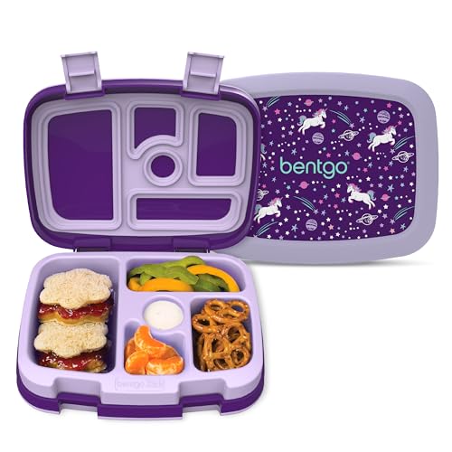 Bentgo® Kids Prints Leak-Proof, 5-Compartment Bento-Style Kids Lunch Box - Ideal Portion Sizes for Ages 3-7, Durable, Drop-Proof, Dishwasher Safe, & Made with BPA-Free Materials (Unicorn)