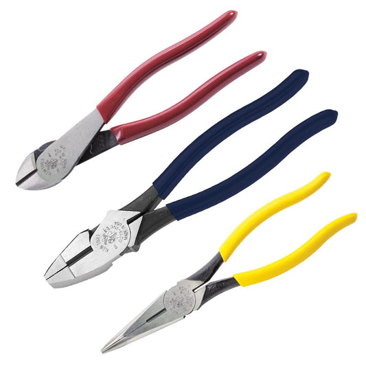 Klein Tools 80020 Plier Set with Lineman's Pliers, Diagonal Cutters, and Needle Nose Pliers, Made in USA with Induction Hardened Knives, 3-Piece