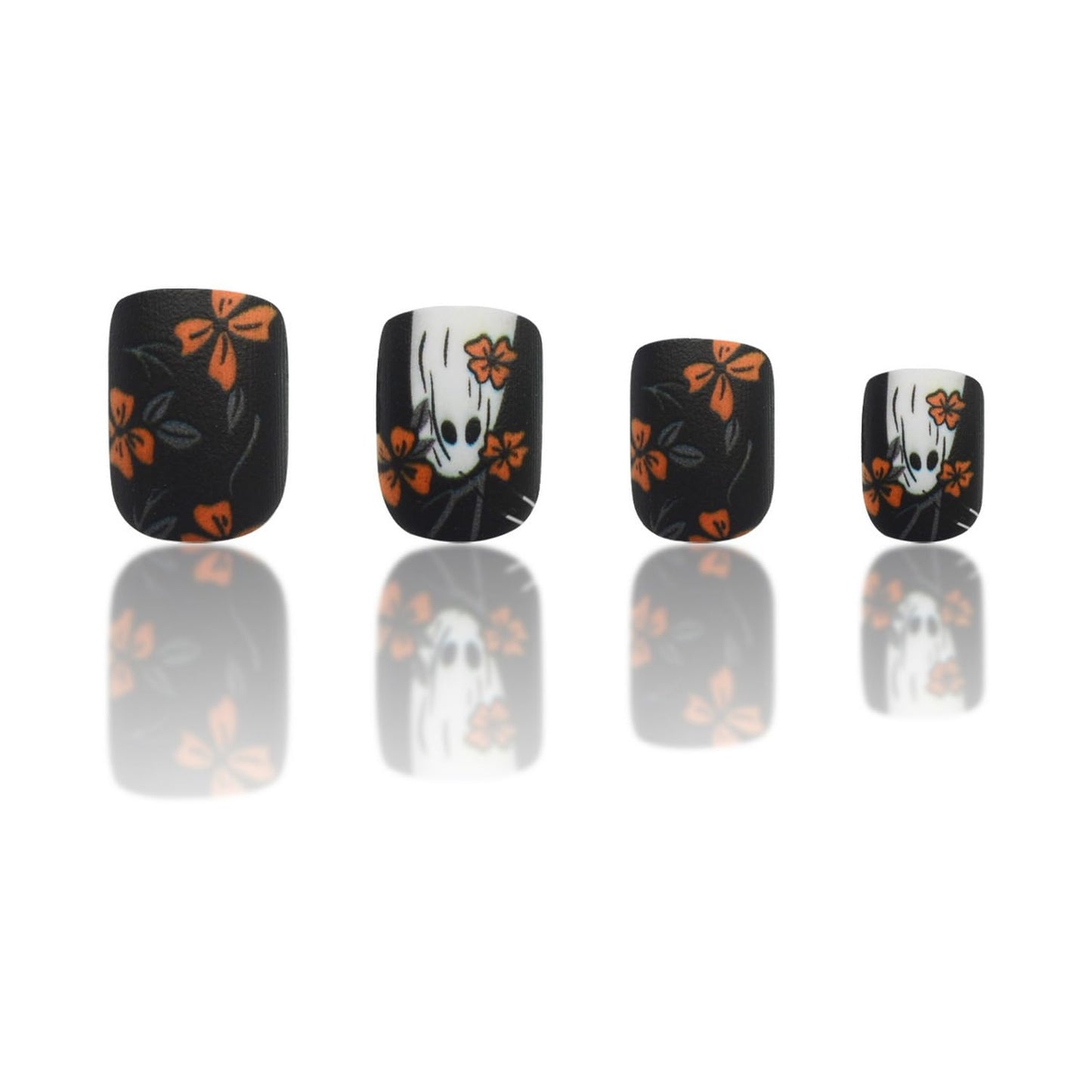 Halloween Yellow Flowers Press on Nails Short Square Fake Nails with Cute Little Ghost Designs Black Matte Artificial Nails Full Cover Stick on Nails Halloween Glue on Nails for Women Nail Art DIY