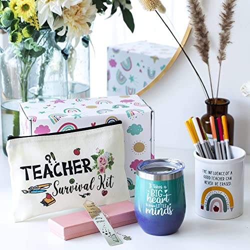 Teacher Appreciation Gift Sets - Gifts Basket for Women, Back to School Gift, Christmas Gift - 12oz Wine Tumbler, Bookmarks, Ceramic Pen Holder, Pouch Bag