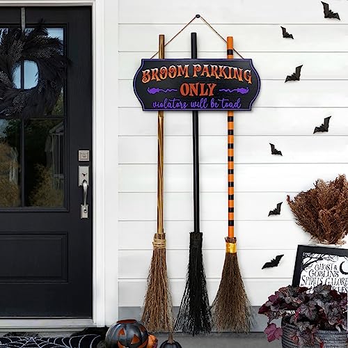 ORIENTAL CHERRY Halloween Decorations - Halloween Decor - Broom Parking Sign with 3 Wooden Witches Brooms - Hocus Pocus Cute Decoration for Front Porch Wall Decor Home Office Indoor