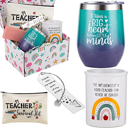 Teacher Appreciation Gift Sets - Gifts Basket for Women, Back to School Gift, Christmas Gift - 12oz Wine Tumbler, Bookmarks, Ceramic Pen Holder, Pouch Bag