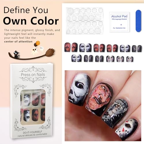 Halloween Press on Nails Horror Eye Blood Glue on Nails Black Glossy Fake Nails Full Cover Halloween Nails Reusable False Nails Glue on Nails Acrylic Nail Kit for Women Manicure 24 Pcs