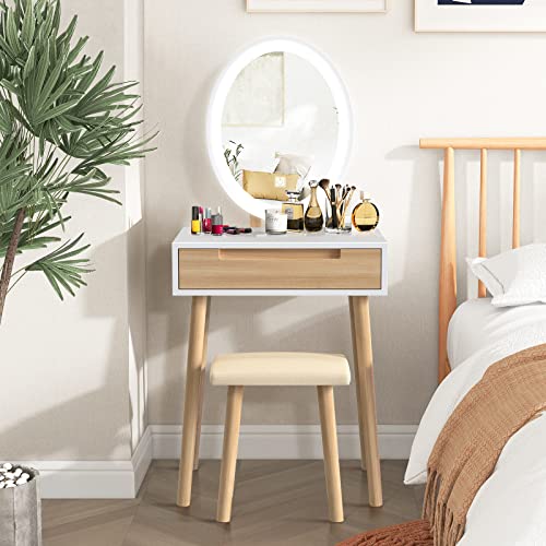 YOURLITE Makeup Vanity Table Set with 3 Modes Adjustable Lighted Mirror Cushioned Stool, Dressing Table for Small Space