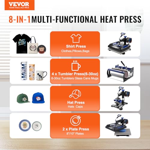 VEVOR Pro 15x15 Heat Press with 30 OZ Tumbler Attachment, 8in1 Combo Tumbler Hat Heat Press for T-Shirts, Tumblers Glass Cans Mugs Hats Caps, and Plates (Black & Blue)