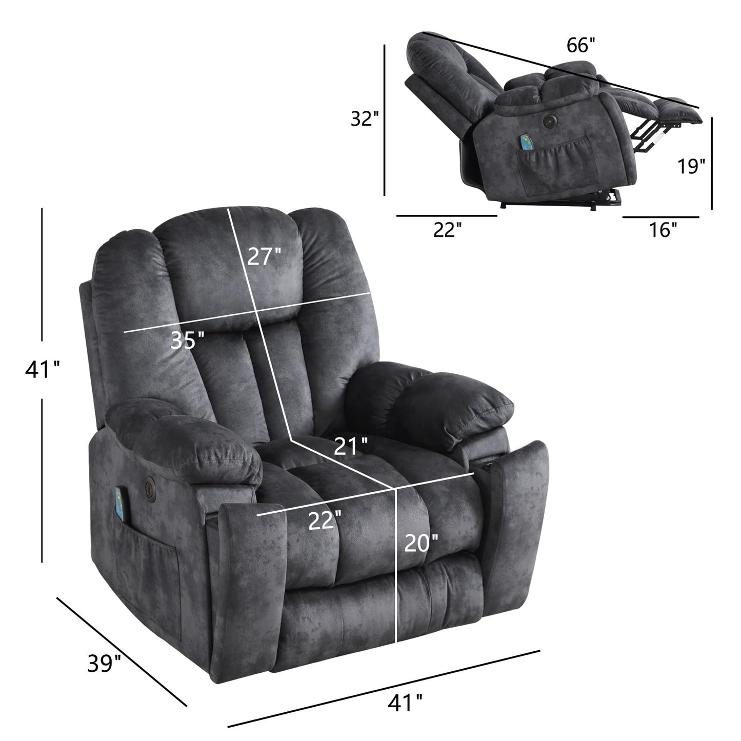 CANMOV Large Power Lift Recliner Chair with Massage, Heat, and USB for Elderly, Overstuffed Wide Recliners, Heavy Duty and Safety Motion Reclining Mechanism, Gray