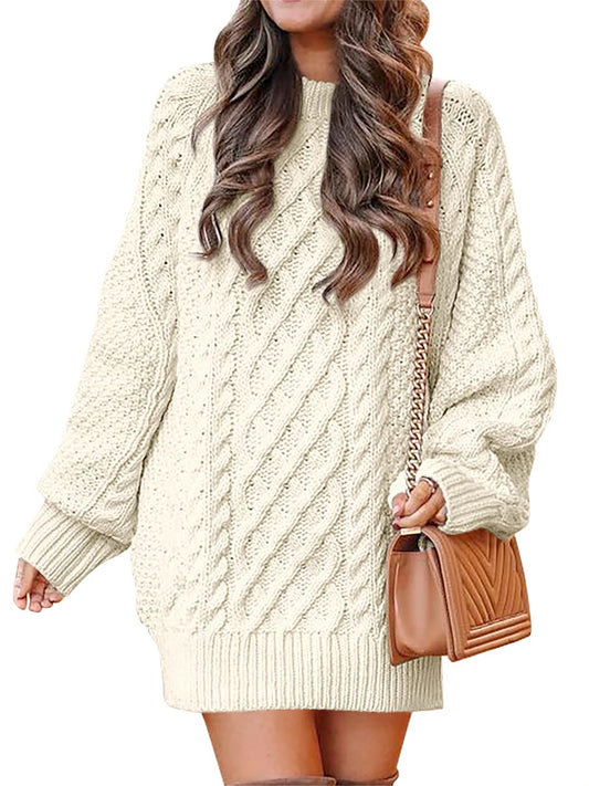 ANRABESS Women Long Sleeve Oversized Cable Knit Chunky Baggy Loose Pullover Tunic Mini Sweater Dress 2024 Trendy Fall Outfits Beige Small