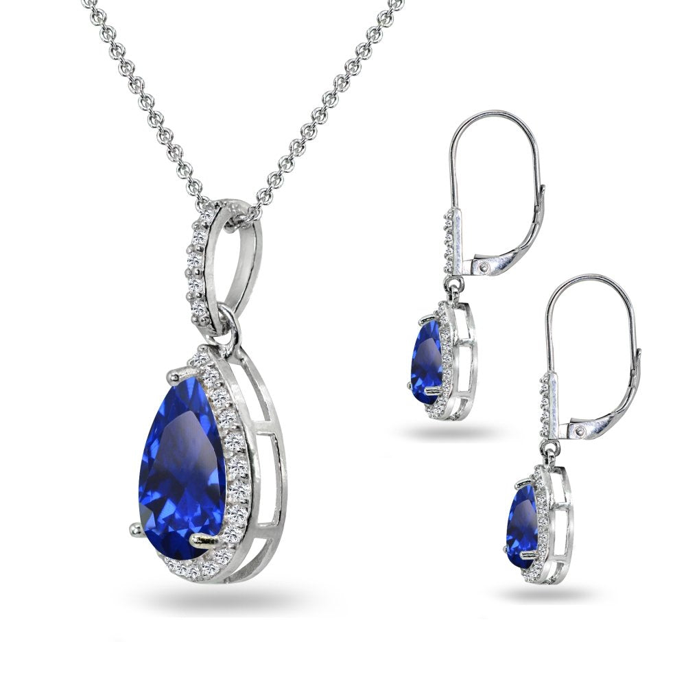 B. BRILLIANT Sterling Silver Created Blue Sapphire & White Topaz Teardrop Dangling Necklace & Leverback Drop Dangle Earrings Jewelry Set for Women with Gift Box