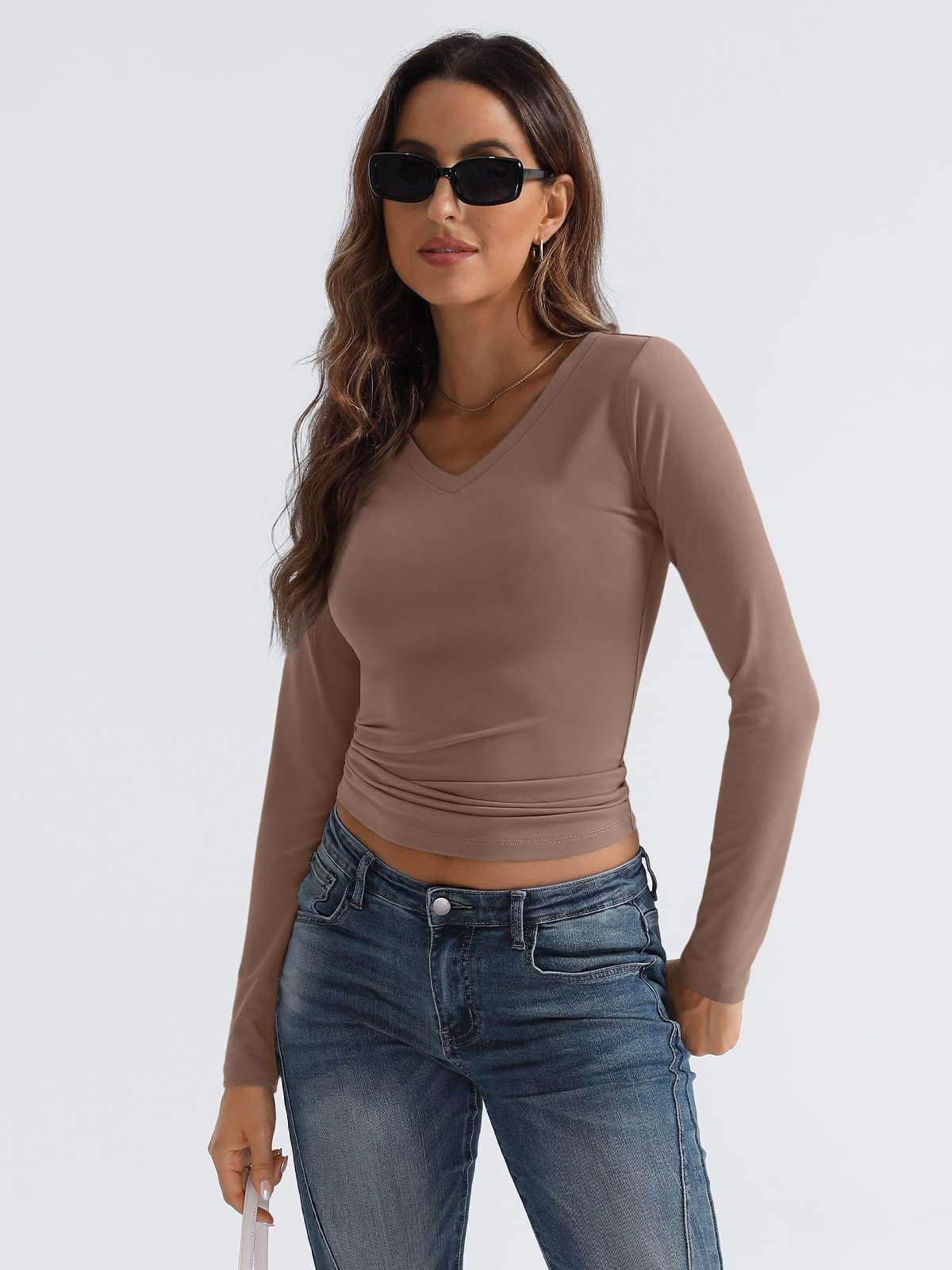 Trendy Queen Fall Outfits for Women Fall Clothes Fall Fashion 2024 V Neck Basics Crop Tops Long Sleeve Shirts for Women