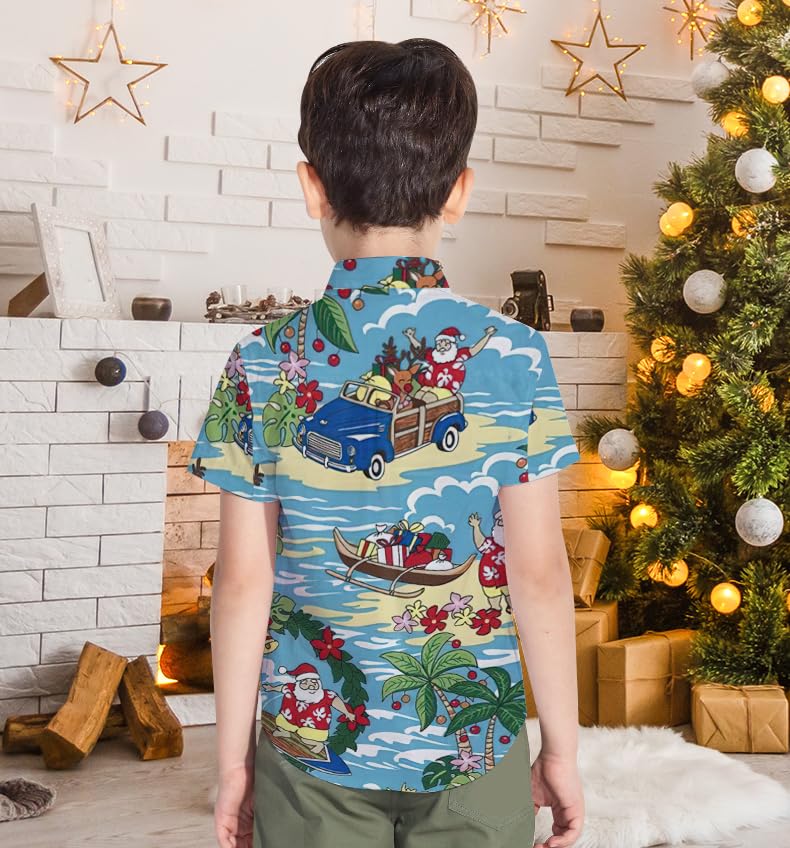 5T Boys Hawaiian Shirt Christmas Shirts Girls Santa Claus Short Sleeve 6T Button Down Tops Xmas Outfit Kids Blue Clothes Casual Vacation Tees