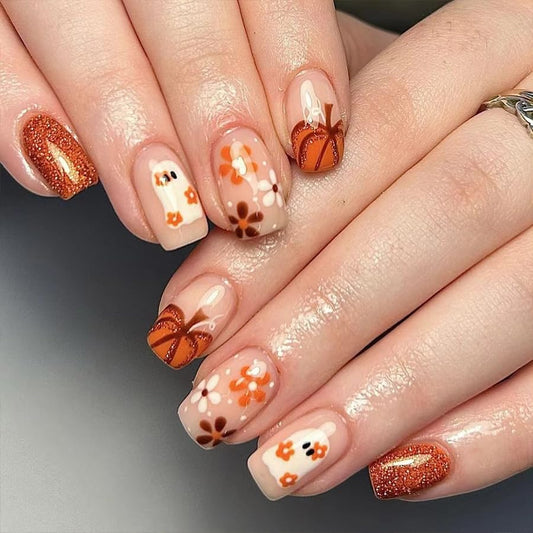 24Pcs Halloween Press on Nails Short Square Fake Nails with Orange Glitter Design Halloween Glue on Nails Full Cover Halloween Nails Stick on Nails for Women and Girls Halloween Nail Art Decoration