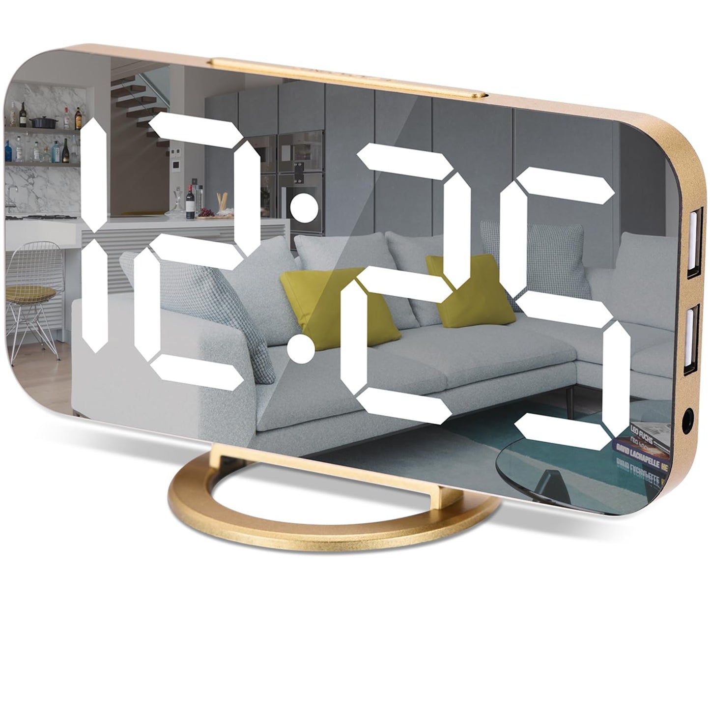 Digital Alarm Clock,7 in LED Mirrored Clocks Large Display,with 2 USB Charger Ports,Auto Dim,Night Mode,Modern Desktop Electronic Clocks for Bedroom Home Office Decor - Gold