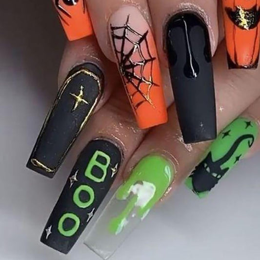 24Pcs Halloween Press on Nails Long Coffin Fake Nails Black Spider Web Full Cover False Nails with Spider Pumpkin Designs Matte Glue on Nails Artificial Acrylic Nails for Women Nail Decorations