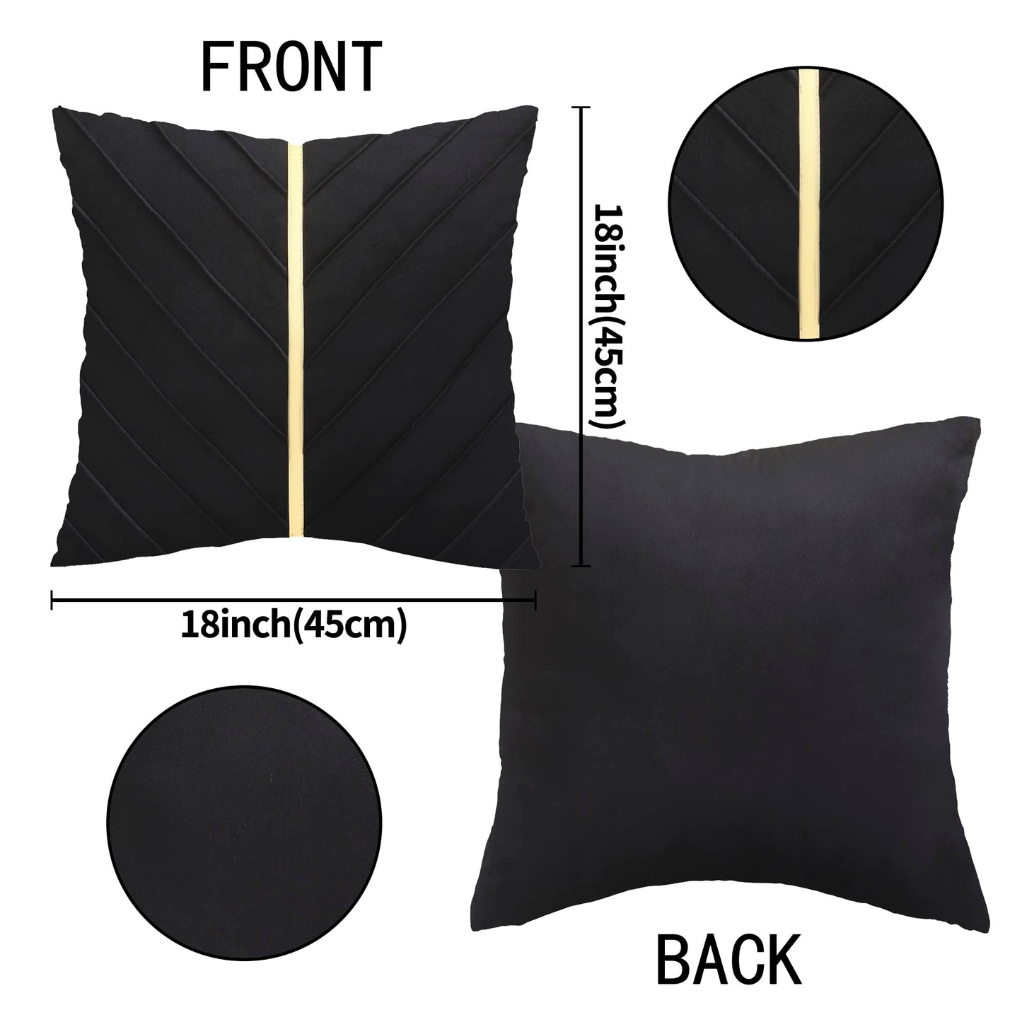 Tosleo Black Velvet Throw Pillow Covers 18x18 inch Pack of 2 with Gold Leather Decorative Couch Pillow Cover Luxury Modern Pillowcases for Wedding Living Room Bedroom Sofa Cushion Bed