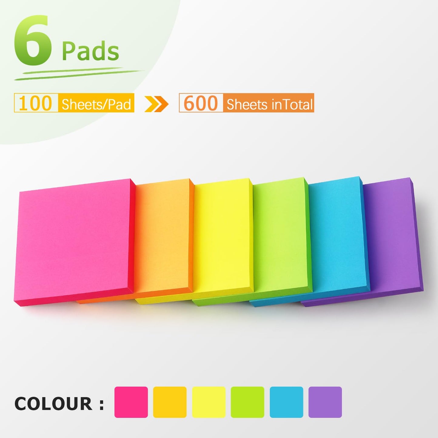 Sticky Notes 3x3 inch Bright Colors Self-Stick Pads 6 Pads/Pack 100 Sheets/Pad Total 600 Sheets