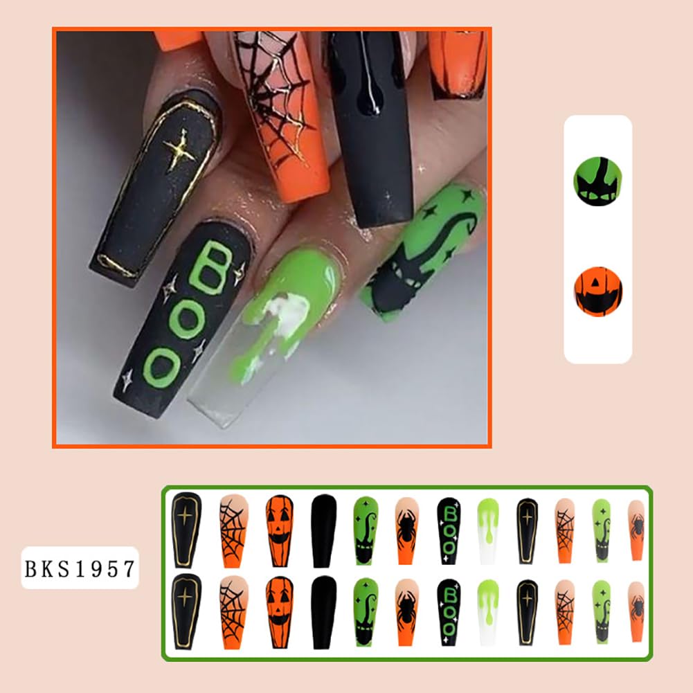 24Pcs Halloween Press on Nails Long Coffin Fake Nails Black Spider Web Full Cover False Nails with Spider Pumpkin Designs Matte Glue on Nails Artificial Acrylic Nails for Women Nail Decorations