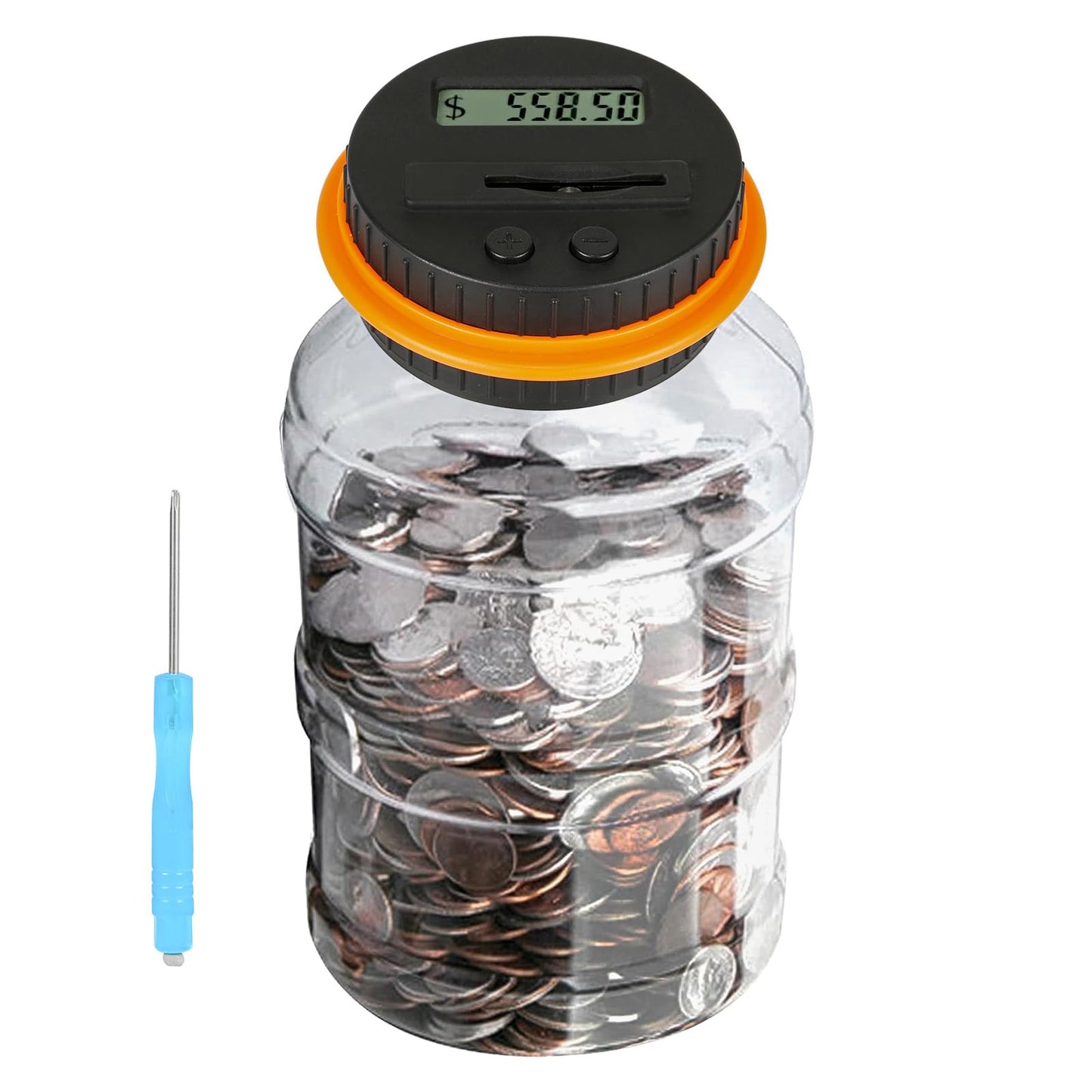 Coin Bank for Girls Adults, Qiekaka Piggy Bank for Adults Kids, Coin Jar with LCD Counter Change Counter for Counting Money, Change Bank Designed for All US Coins(Black Orange)