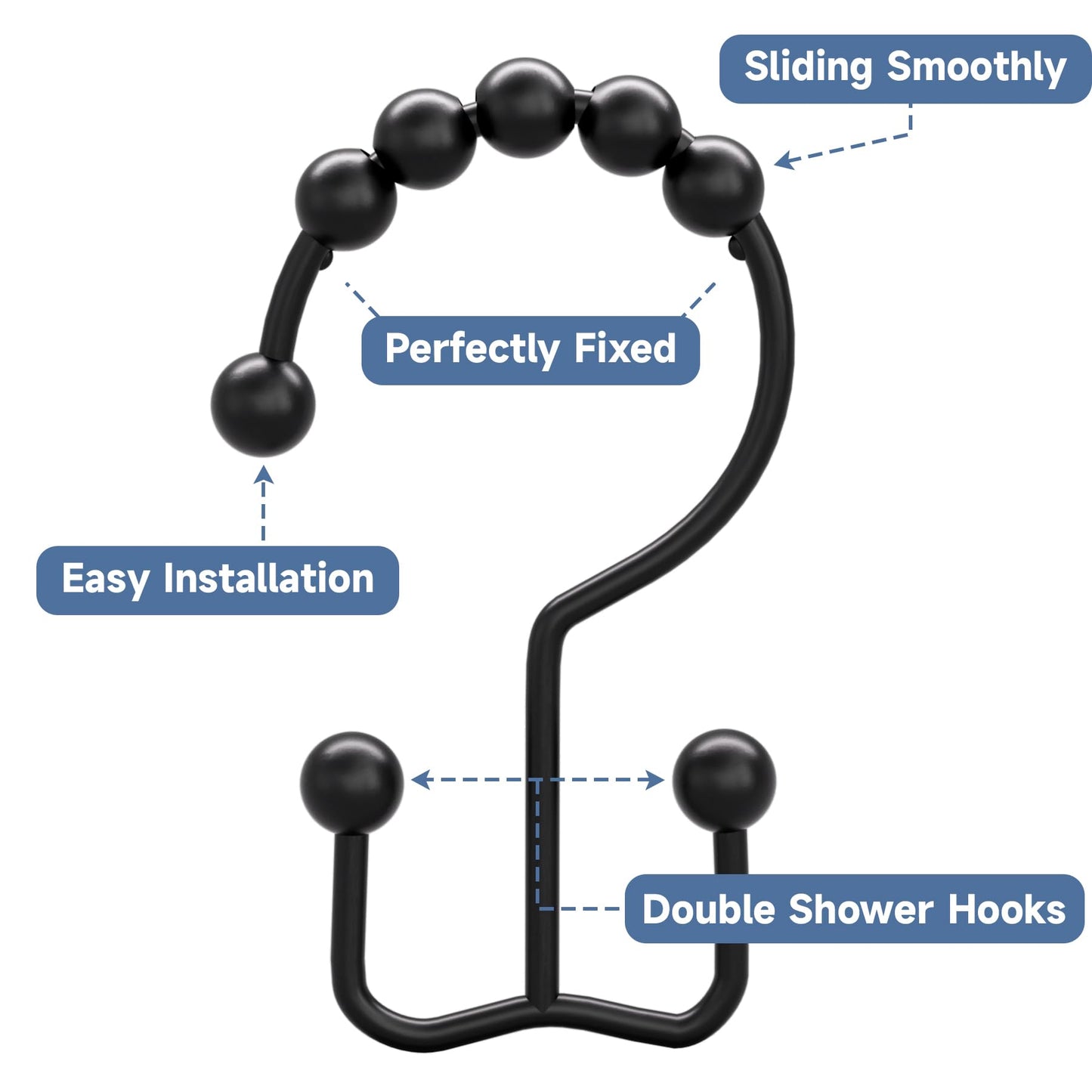 Titanker Black Shower Curtain Hooks Rings, Rust-Resistant Metal Double Glide Shower Hooks for Bathroom Shower Rods Curtains, Set of 12 Hooks - Matte Black