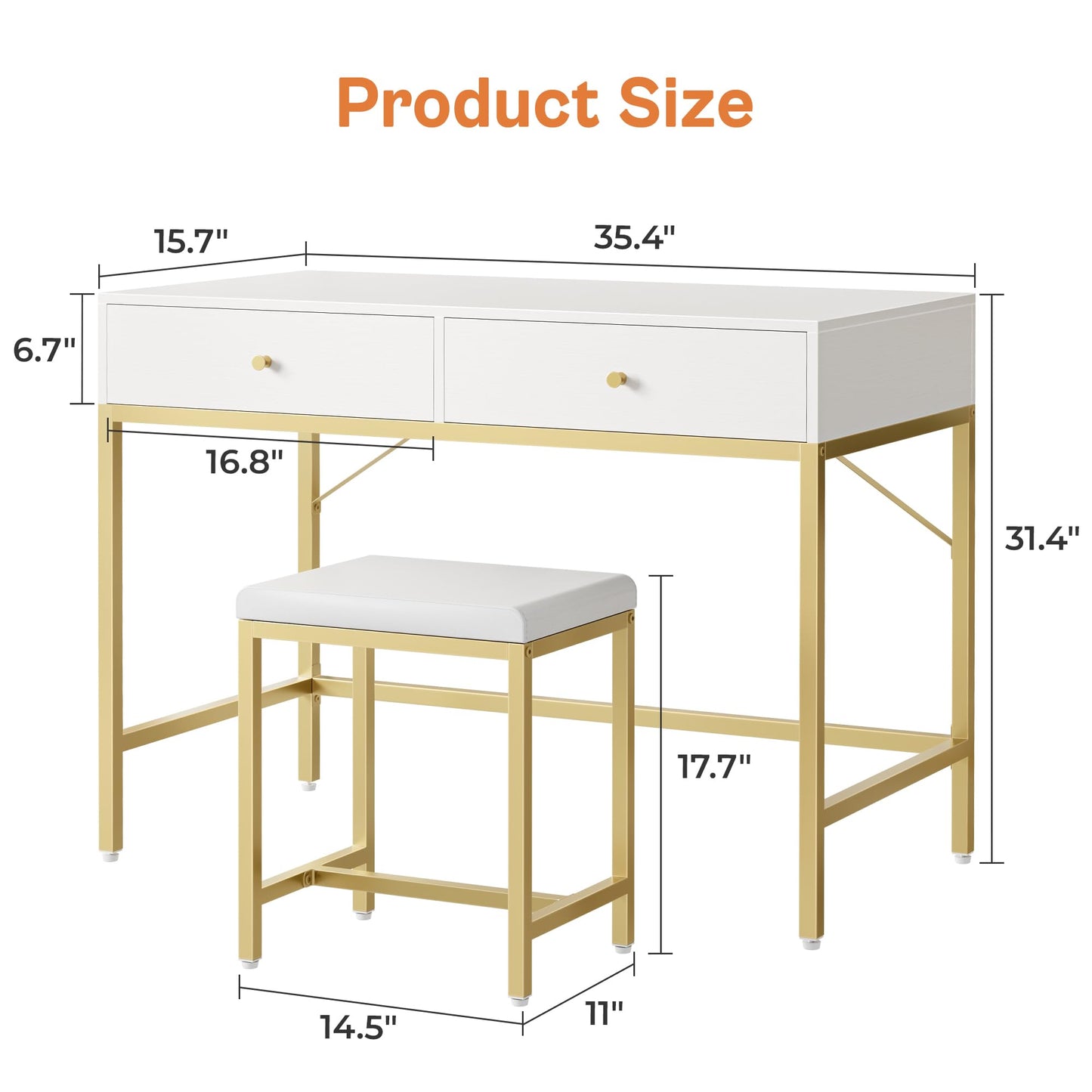 SUPERJARE 35.4" White and Gold Desk with 2 Drawers, Modern Makeup Vanity Desk with Padded Stool, Small Computer Desk Home Office Desk for Writing Study Bedroom