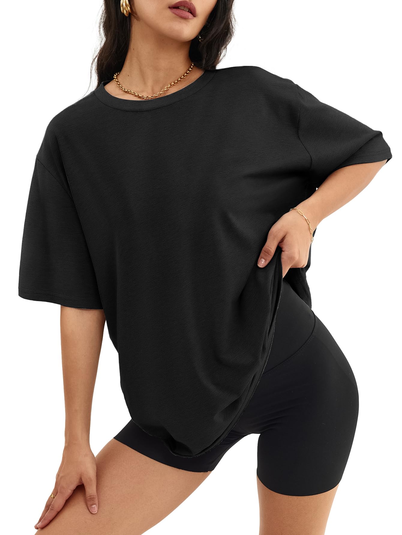 ATHMILE Womens Oversized T Shirts Loose Fit Crewneck Short Sleeve Tops Summer Casual Blouse Y2K 2024 Basic Tee Black